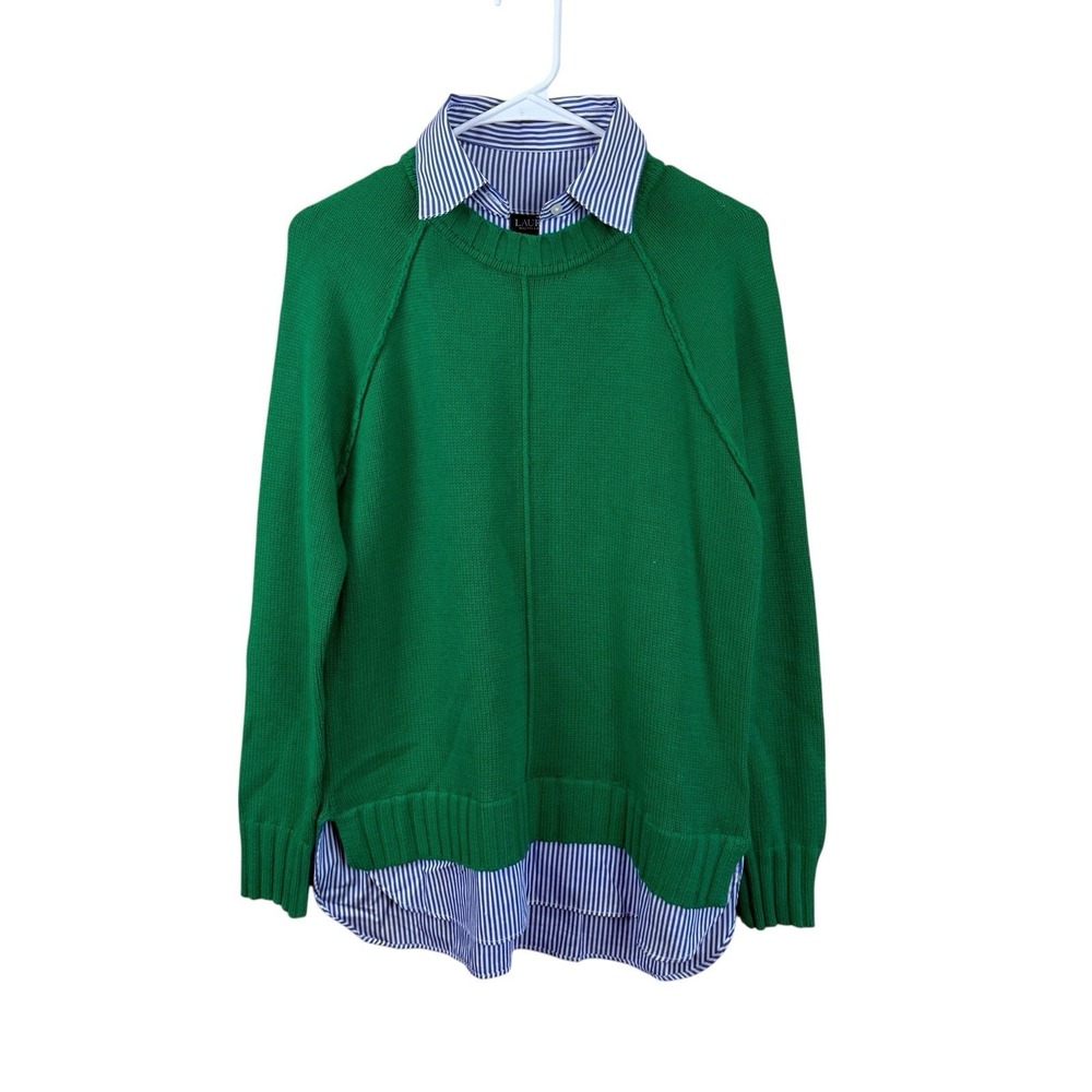 Lauren Ralph Lauren Green Crewneck Sweater twofer  Blue Striped Shirt Hem collar